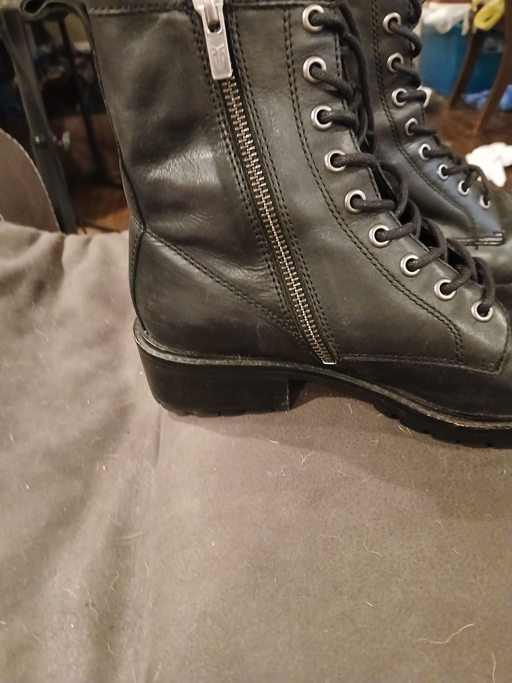 Frye Black Leather Lace-Up Side-Zip Combat Boots